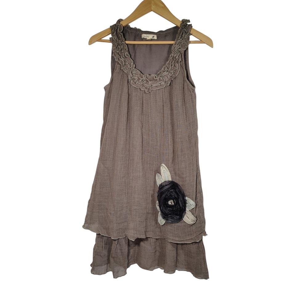 Mine Twofer Dress Ruffle Neck‎ Layered Hem Flower Applique Taupe Small